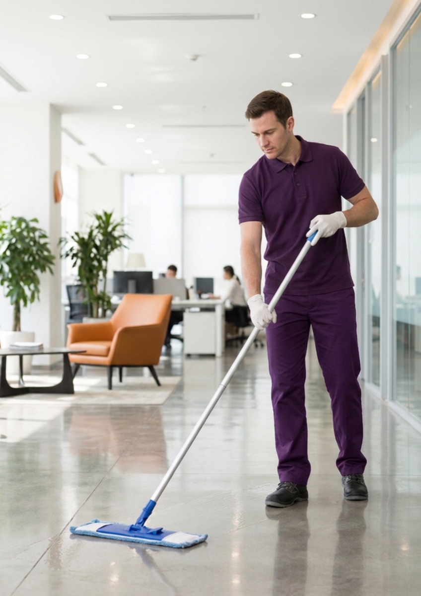 ioclean crew member mopping the polished floor of a corporate office