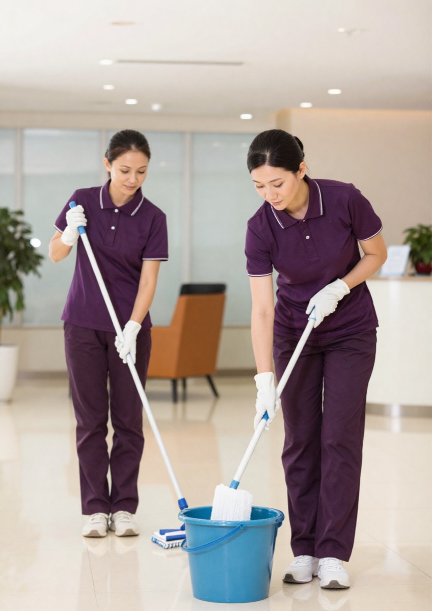 Two uniformed ioclean staff mopping a polished commercial floor