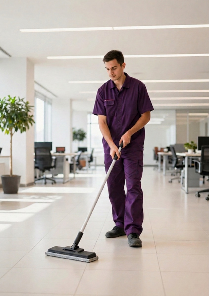 ioclean staff member mopping an open-plan corporate office