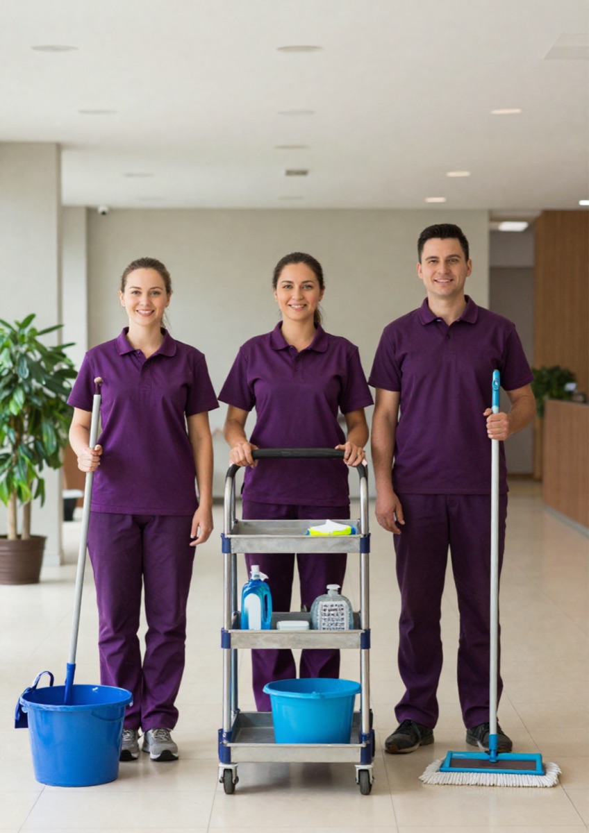 Three uniformed ioclean crew members with cleaning equipment on site