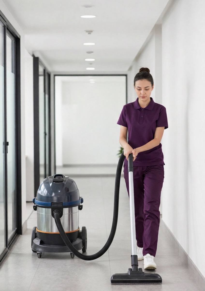 ioclean staff member vacuuming an office corridor