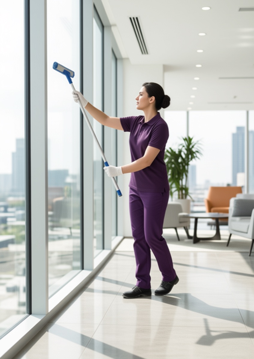 ioclean window cleaner using a squeegee on a floor-to-ceiling office window